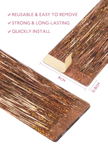 Image of WENNALIFE Hair Tinsel Tape in Hair Extensions, Golden Brown 6PCS 24 Inch Invisible Tape in Extensions Quick Install Glitter Tinsel Hair Extensions Sparkle Fairy Party Hair Accessories for Women