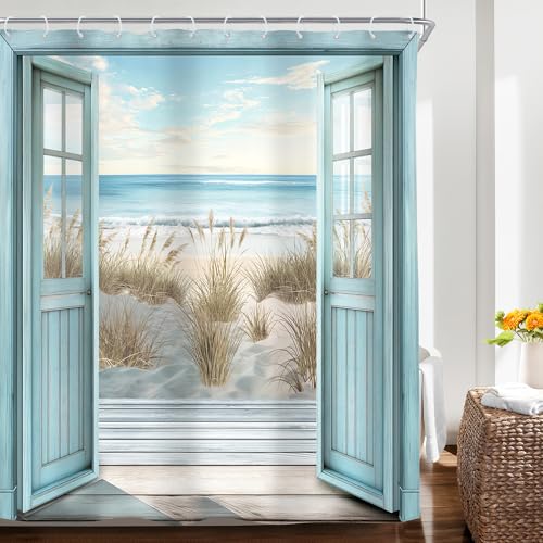 Riyidecor Beach Barn Door Shower Curtain Rustic Farmhouse Ocean Coastal Seaside Nature Scenery Wood Plank Shabby Chic 60Wx72H Inch Fabric Decor Bathroom Polyester Waterproof Hooks by Riyidecor - Image 2