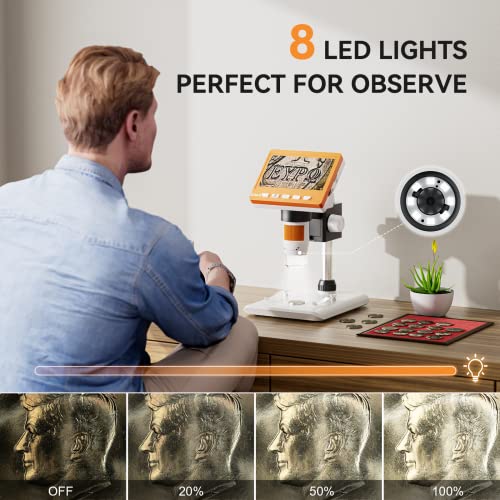 Elikliv Veno 4.3" Coin Microscope, Lcd Digital Microscope 1000X, Coin Magnifier With 8 Adjustable Led Lights, Pc View, Windows Compatible(Orange) #TOP4