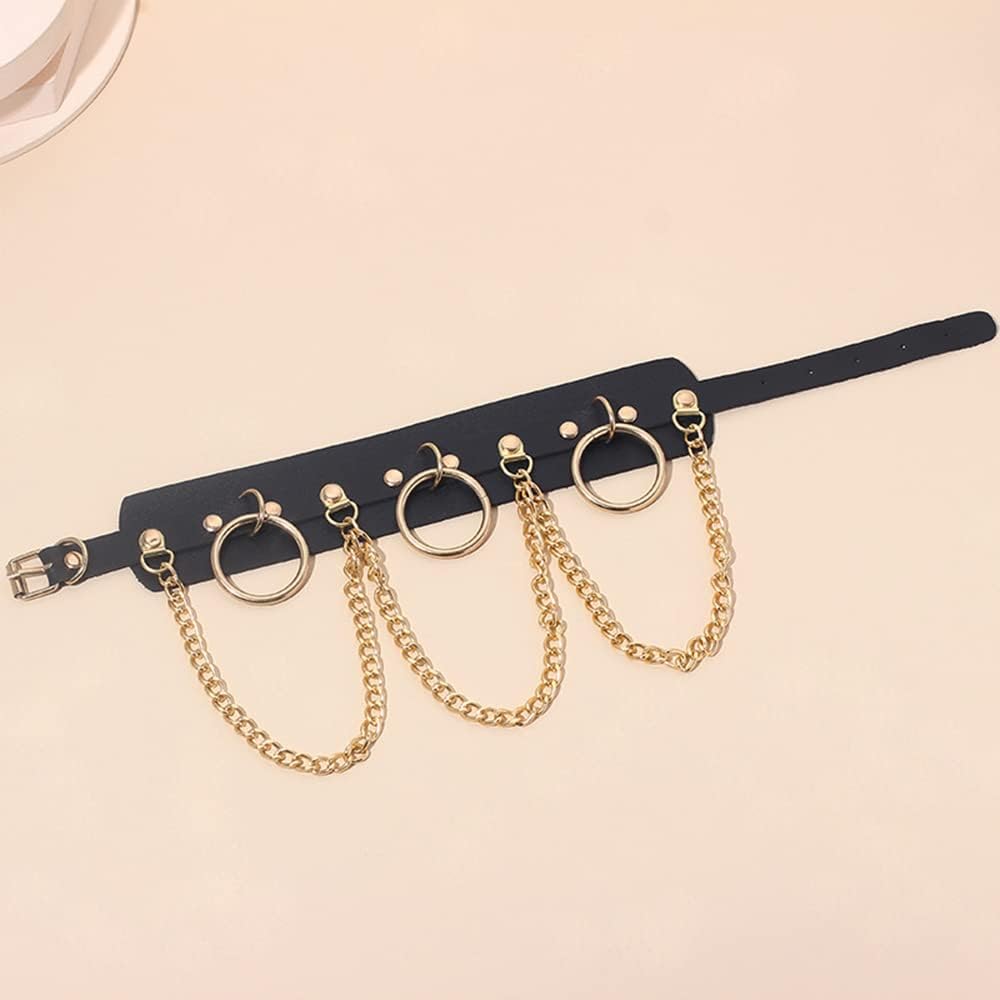Punk Goth Choker Necklace Adjustable PU Leather Chain Alloy O-Ring Tassel Pendant Choker Vintage Circle Clavicle Collar Halloween Cosplay Costume Accessory for Women, Black Gold - Image 6