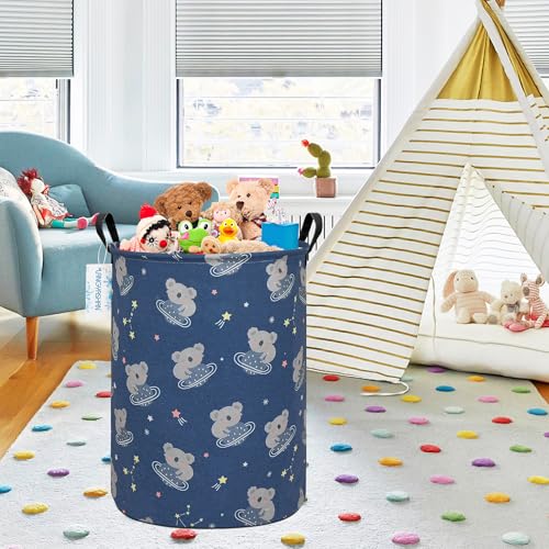 Image of Round Laundry Basket Collapsible Storage Hamper Organizer Space Koala | Waterproof Canvas Foldable Baskets with sturdy Handles Multi-scene Organizer for Home Play Bedroom Gift Bin