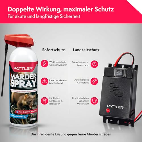 PATTLER Marderabwehr Set – Marderschreck Auto Ultraschall und Marderspray Auto 400ml. Marderschutz für Motorraum und Garage. Kombination zur Marderabwehr Auto