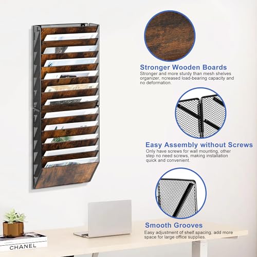 TQVAI 12 Compartimentos Metálica Madera Revistero Pared Documentos Organizador Papeles A4 Colgante Oficina Archivador de Organizador Herramientas Pared, Negro/Antiguo - imagen 6