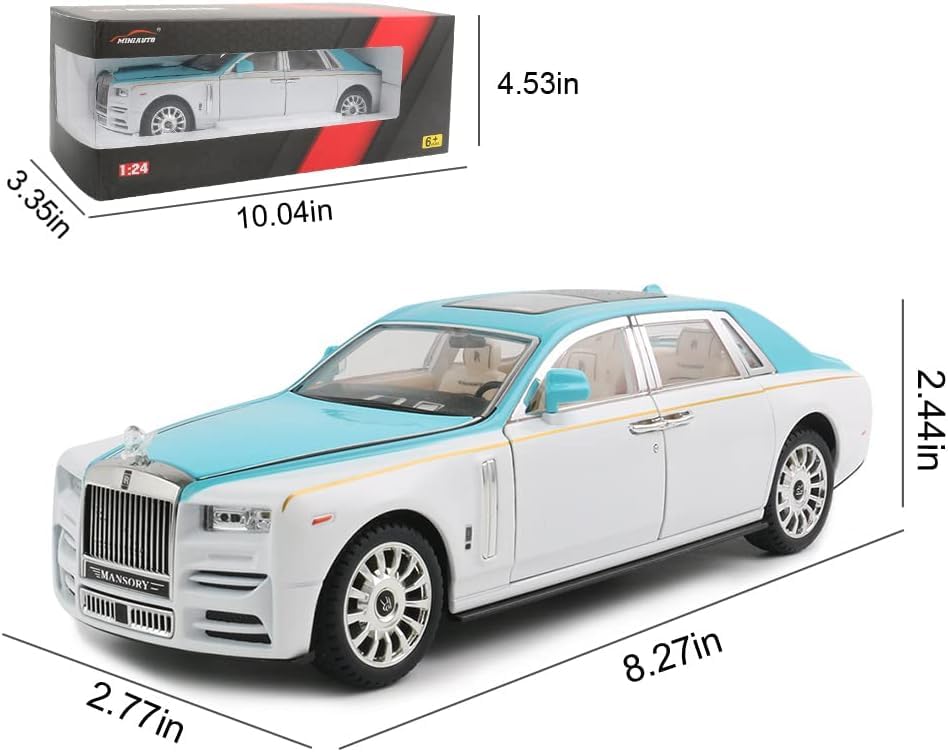 Image of Exquisite car Model 1 /24 Rolls-Royce Phantom Model Car,Zinc Alloy Pull Back Toy car with Sound and Light for Kids Boy Girl Gift. (Blue-White)
