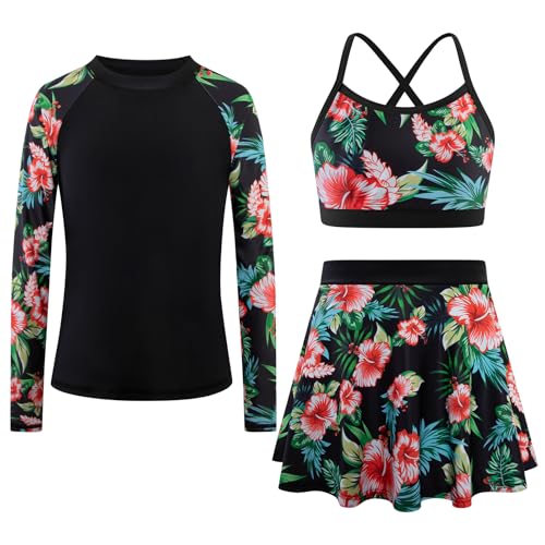 Image of Girls Swimsuit Long Sleeve Swim Shirt 3 Piece Rash Guard for Girls Bathing Suit with Boyshorts