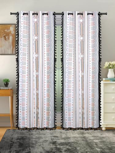 Image of Cortina 100% Cotton, Bohemian Tasseled Boho Print, Room Darkening Curtains for Window (with Back Tabs) - 9 Feet, Multicolor, 2 Piece (Length 270 cm)