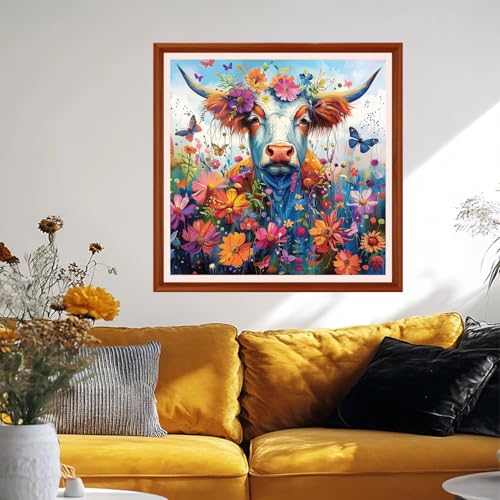 Image of Foxhool Stamped Cross Stitch Kits,11CT Printed Cross Stitch Pattern Full Embroidery Kits for Beginner Needlepoint Kits&Cattle Rainbow Flowers 18x18 inchs