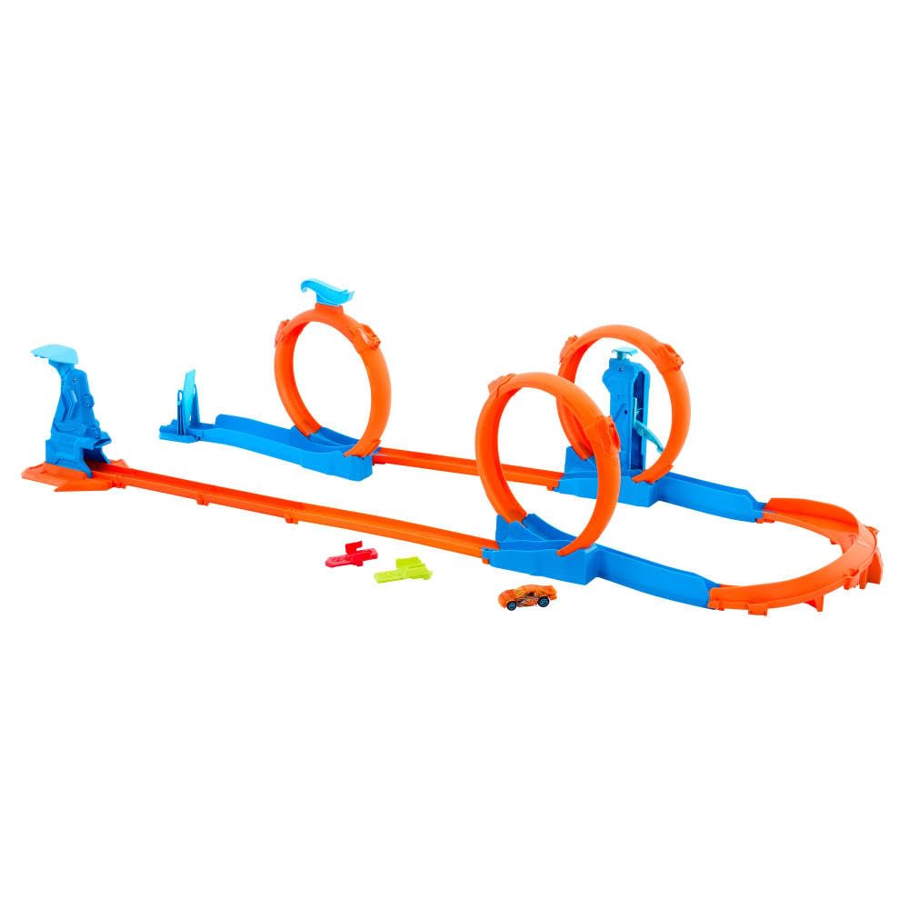 Hot Wheels Track Creator Tor wyścigowy Trzy pętle Zestaw do zabawy: samochód zabawka w skali 1:64, elementy do zbudowania toru z 3 pętlami, system torów Speed Snap Szybki klik i adaptery, JDW39