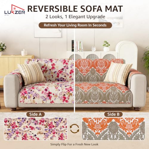 Image of Lukzer 3 Seater Sofa Cover Quilted Reversible WaveEdge Ultrasonic Cut Sofa Mat with Back and Hand Rest Covers - Royal Petals - Washable Sofa Protector for Modern Living Room 180 x 150 CM /SC-219-03WB