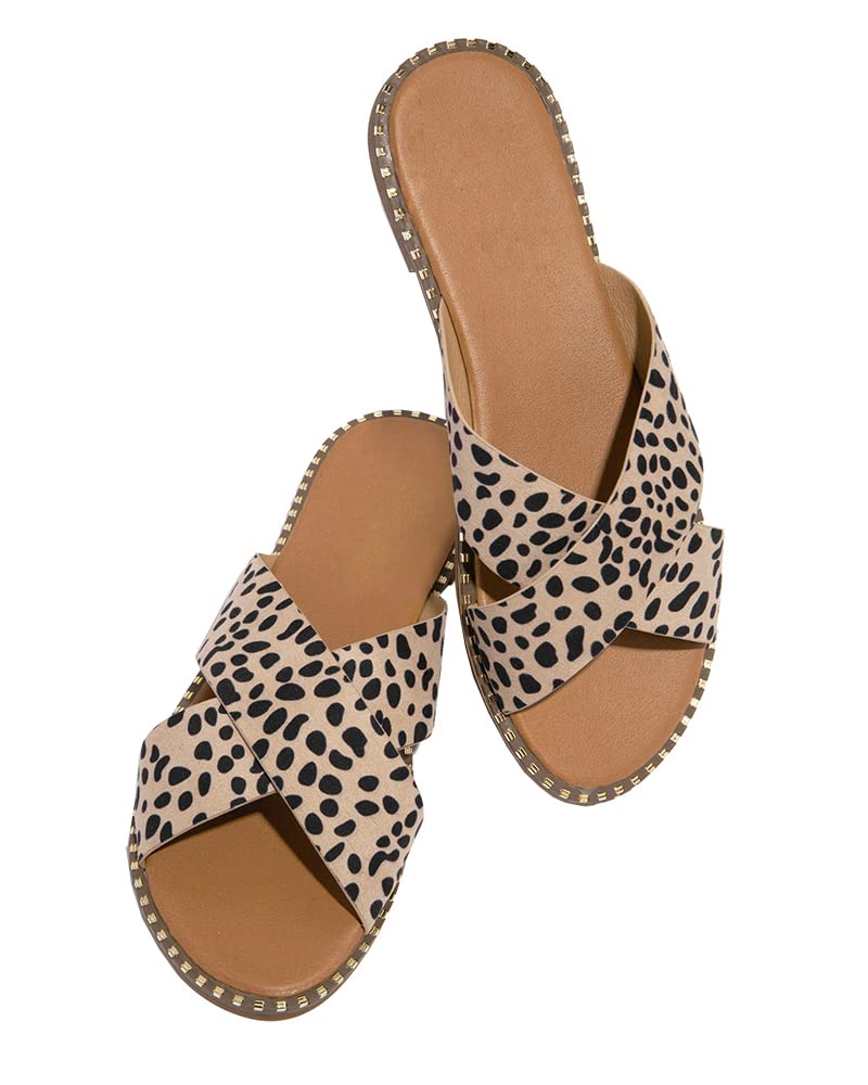 Jeimpoey Womens Studded Flat Sandals Open Toe Slip on Mule Slides Crossed Strap Slipper