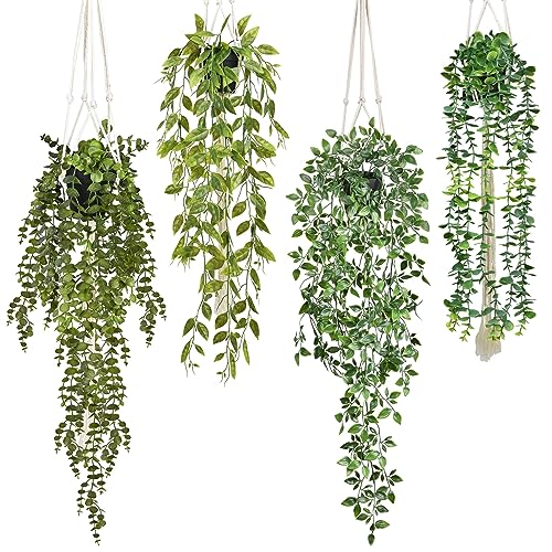 Image of Lvydec 4 Pack Artificial Hanging Plants with Pots, Fake Hanging Greenery Plants Potted Eucalyptus Vine for Wall Room Kitchen Office Shelf Decor