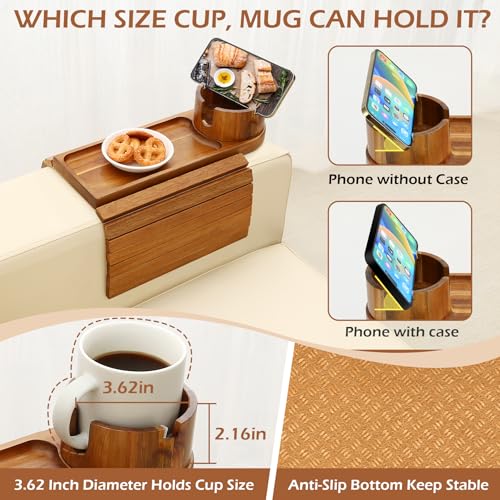 BAMTRAY Couch Cup Holder Tray, 15.75" Acacia Wood Couch Armrest Table, 3 in 1 Foldable Sofa Clip on Side Table with 360° Phone Stand, Armrest Tray for Coffee Snacks by BAMTRAY - Image 4