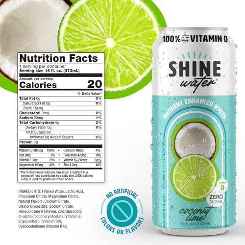 Shine Water Coconut Lime Vitamin D Electrolyte Drinks 12-Pack, Sugar Free Flavored Water with Magnesium, Zinc & Antioxidants, Low Calorie Hydration Beverage, Plant-Based Vitamin Water Zero Sugar