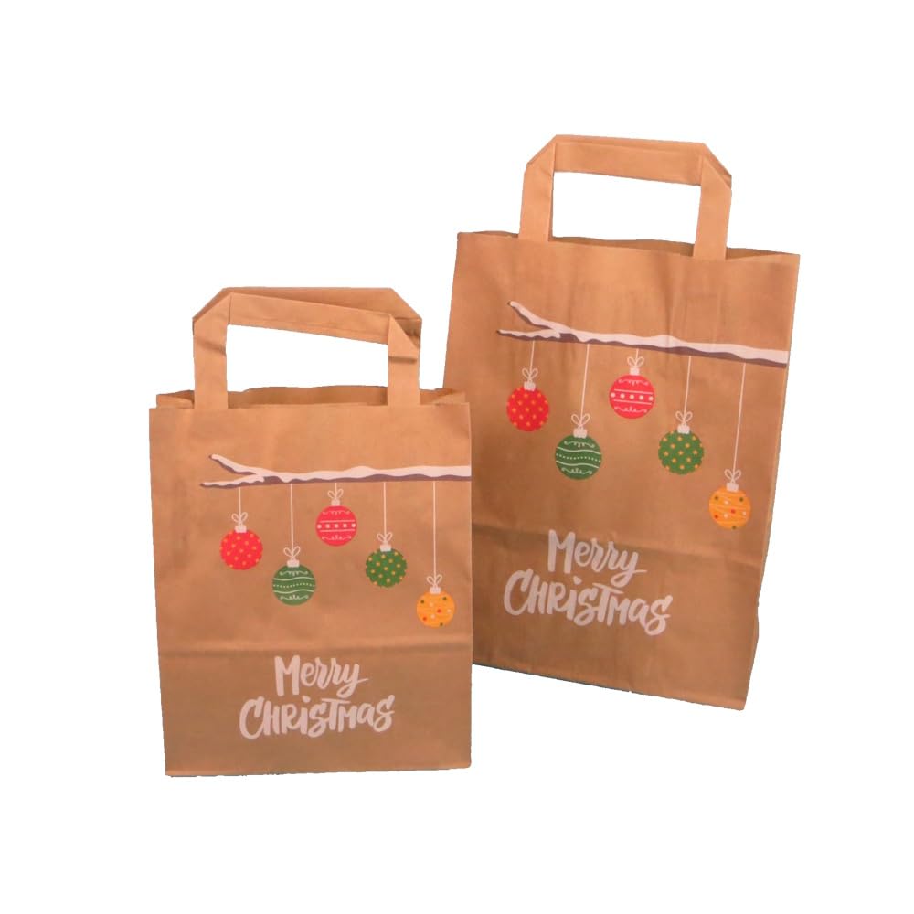 250 Papiertragetaschen Geschenktüten braun mit Weihnachtsmotiv "Weihnachtszweig" 22+10x28cm 70g/m² mit Papier Flachhenkel
