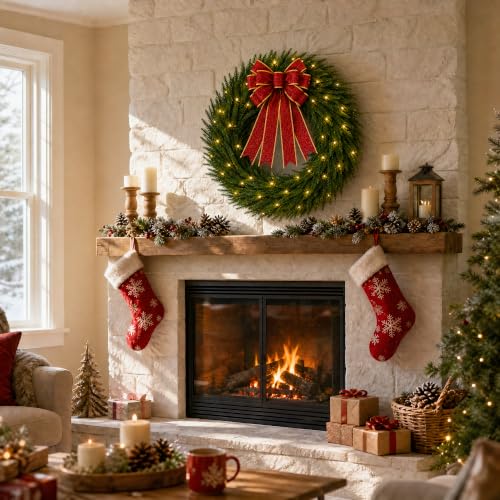Pinkpum 26" Real Touch Cedar Christmas Wreath with Lights & Bow - image 7