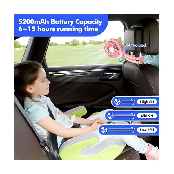 WEGA Kinderwagen-Ventilator, wiederaufladbar, tragbar, batteriebetrieben, Auto-Sitz, Baby-Ventilator, 3 Geschwindigkeiten, Clip-on-Ventilator, USB-Ventilator für Kinderbett, Laufband, HomeOffice und – Bild 6