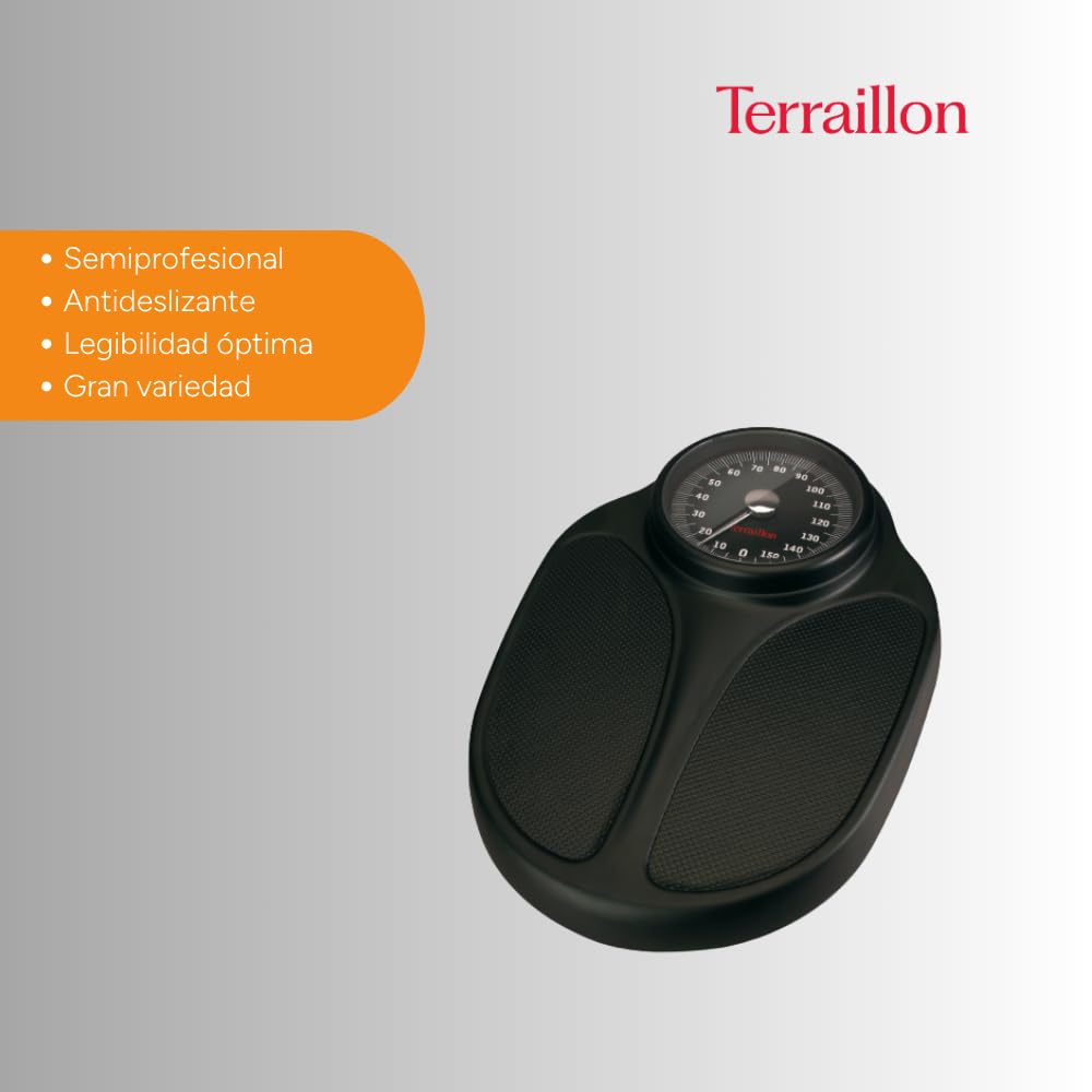 TERRAILLON - Balanza Pesa Personas Mecánica - Semiprofesional, Revestimiento Antideslizante, Gran Dial, 160kg máximo - Modelo 'TPRO Plus' Negro