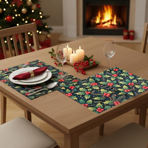 Image of Dining Table Mats Set of 2 - Cherry Christmas Leaves Theme,Digital Print, Washable, Indoor /Outdoor, Heat-Proof, Wipe & Clean (47X33 cm) Red & Green