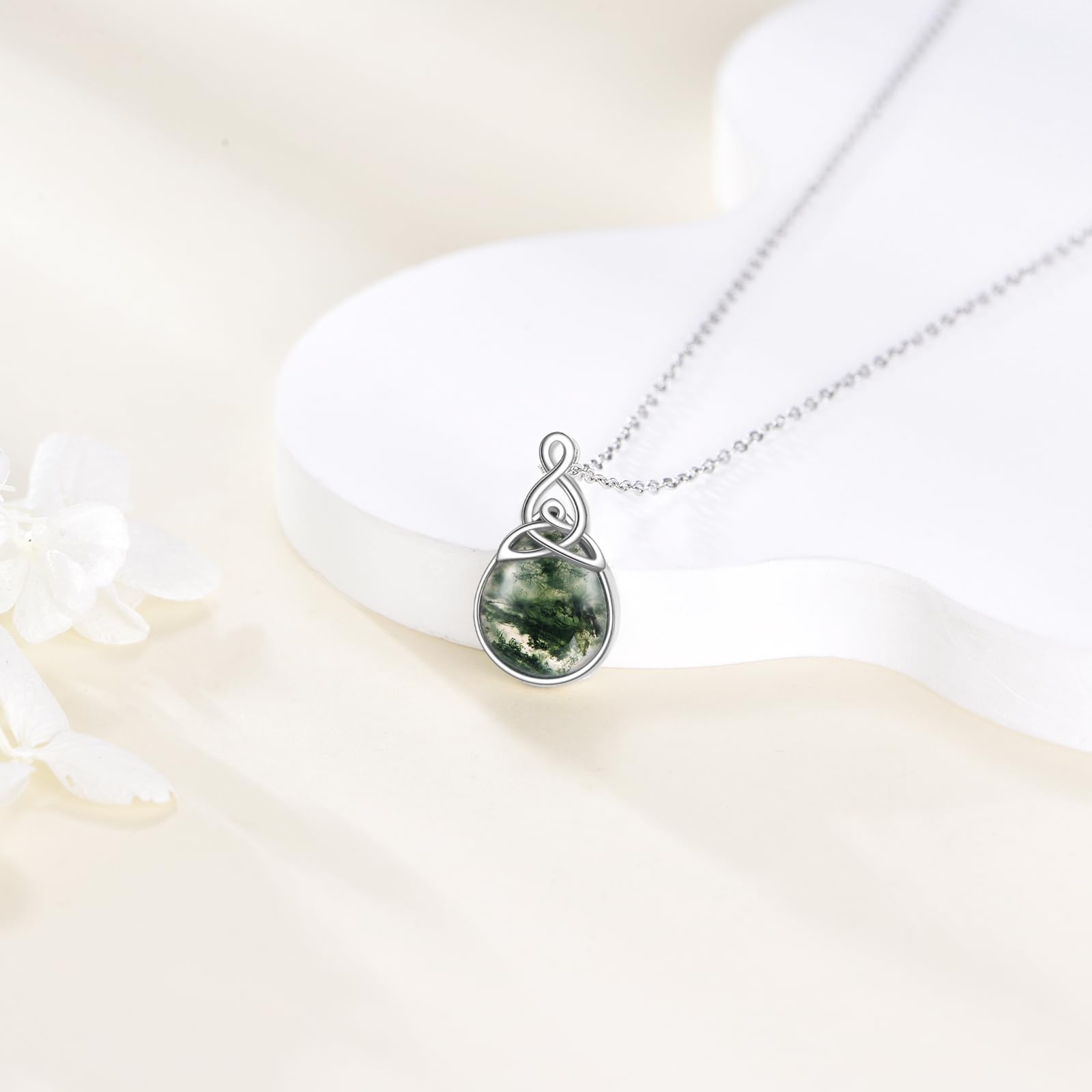 POPLYKE Keltische Knoten Halsketten für Damen 925 Sterling Silber Tränensrope Moos Agat Halskette Irisch Keltischer Anhänger Schmuck Geschenke für Mutter Damen