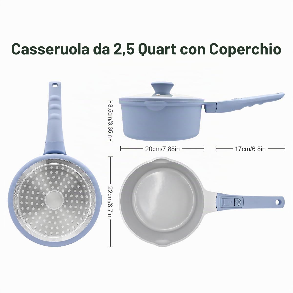 AIKENBBKK Casseruola in Ceramica da 20 cm con Coperchio, Casseruola da 2,5L con Rivestimento Antiaderente in Ceramica e Manico Rimovibile, Adatta a Tutti i Tipi di Piano Cottura-Azzurro