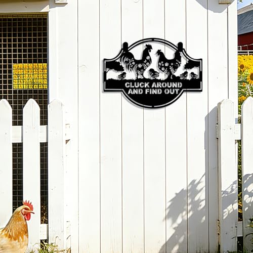 Maoerzai Funny Metal Chicken Coop Signs, Chicken Cluck Around and Find Out Tin Sign for Farm Yard Decor Home Kitchen Outdoor Decor (Black - 14 x 10 inch)