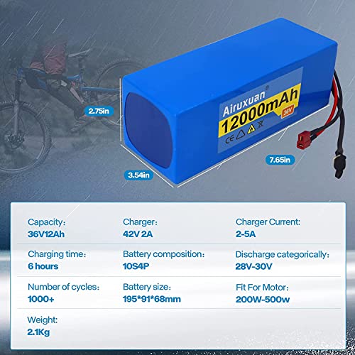 Image of 36V 12Ah Electric Bike Battery 36V Lithium Battery with 2A Charger, T-Plug, XT60 Connector and BMS for 250-550W Electric Bicycles Motor