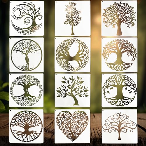 Baum-Schablonen, 12 Stück Schablonen zum Basteln, wiederverwendbare Lebensbaum-Schablonen zum Malen mit rundem Ring, natürliche Pflanzen, Schablone zum Malen, DIY-Kunsthandwerk, Sammelalbum