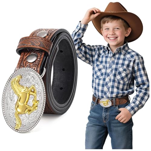 Kids Western Belt for Boys Girls Embossed Cowboy Cowgirl Genuine Leather Kid Western Buckle Belts for Jeans Gifts