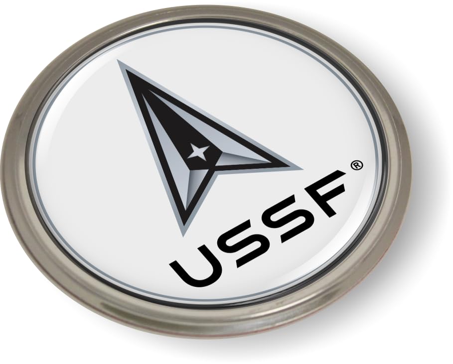 Image of The Space Force Delta USSF CAR Emblem Badge Sticker Aluminum Bezel | Official USAF and USSF Licensed Product, 3D Domed, Semi-Flexible, made by BestLicensePlateFrames