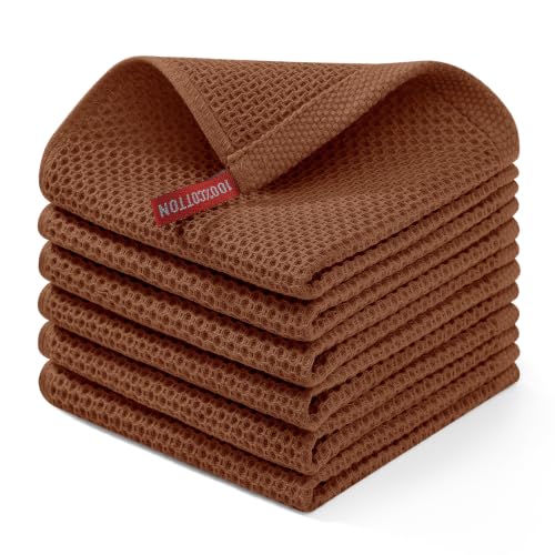 Image of Homaxy 100% Cotton Waffle Weave Kitchen Dish Cloths 6-Pack, Caramel | 12 x 12 Inches, Ultra Soft Absorbent Dish Towels, Quick Drying Dish Rags with Hanging Loop
