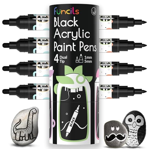 Funcils 4 stylos double acryliques Noir pour pierres, verre, bois, toile – Marqueurs acryliques pointe 1mm and 5mm. Les stylos acryliques sont idéaux pour...