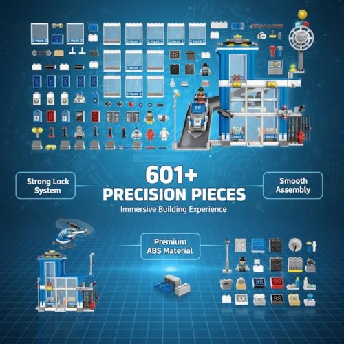 Image of SKY LINE OCEAN Police Station Slider Building Block Set, 601+ PCS City Police Playset with Action Slider Feature, Patrol Vehicles & Accessories, STEM Construction Toy | 5 Year Structural Warranty