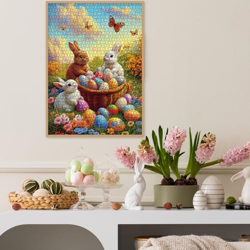 Puzzle Bunny Easter Eggs para Adultos 1000 Piezas, Rompecabezas Jigsaw Conejo de Pascua, Flowers Coloridos y Mariposas miniatura 6