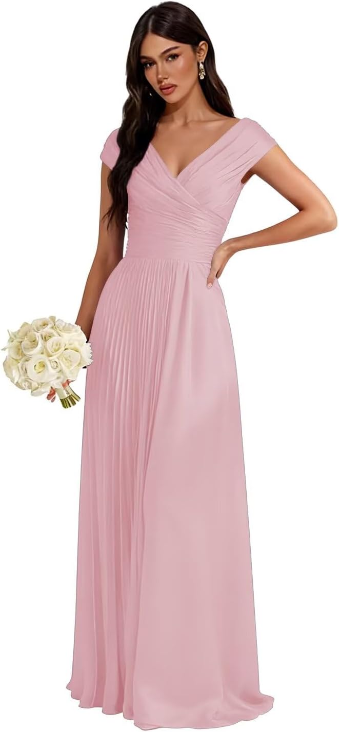 Off Shoulder Bridesmaid Dresses 2026 Pleated Satin Long A Line Maxi Long Formal Flowy Dress YY022