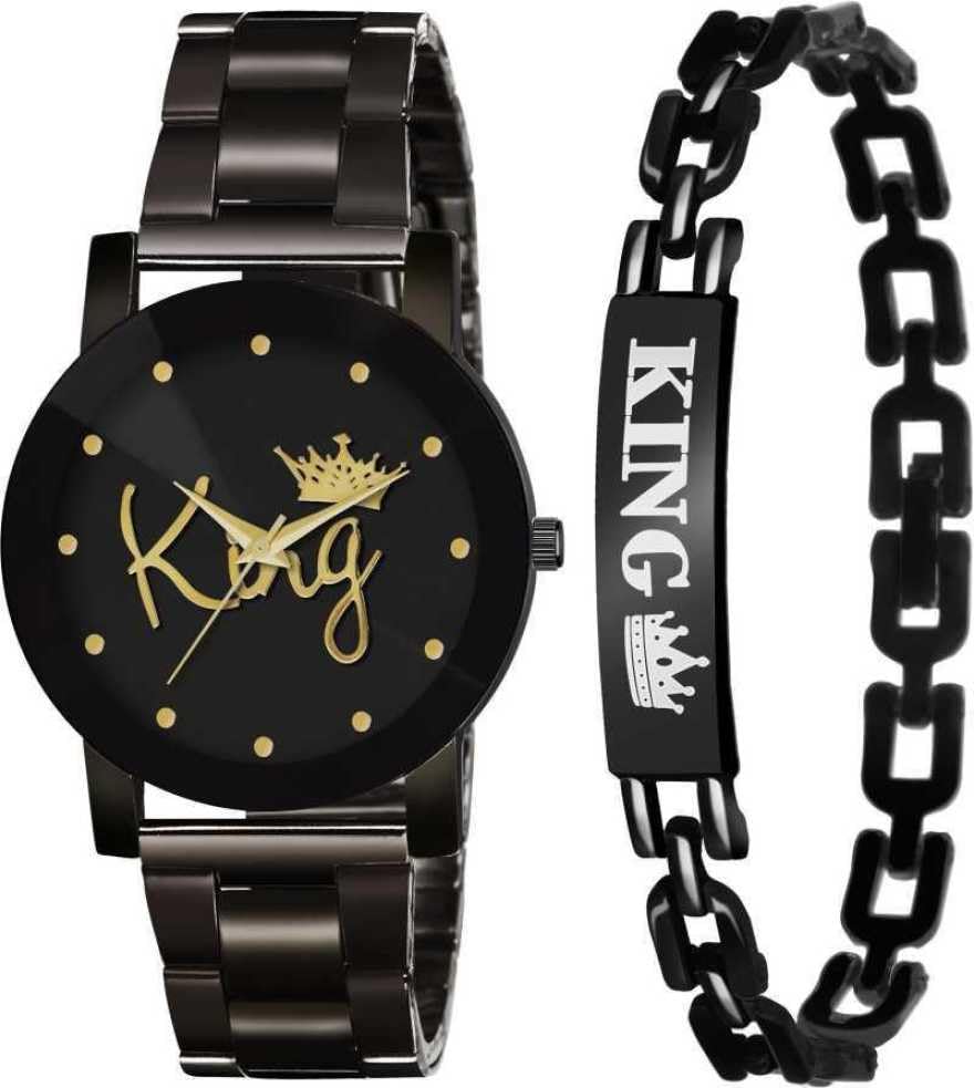 Lunsumio Mens Metal Stainless Steel Band Round Shape Buckle Clasp Casual wear Analogue Watch with King Bracelet (H-S-1014_Black) (B0CKBT9P1G) Amazon Price History, Amazon Price Tracker