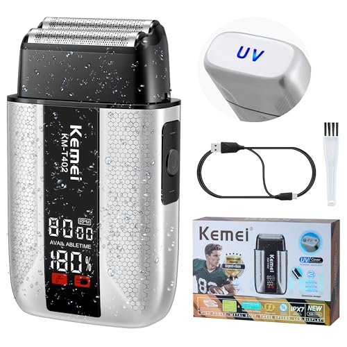 Rasoir électrique professionnel à grille KEMEI T402 pour hommes, étanche IPX7, avec écran LED, double rasoir électrique à 3 vitesses réglables