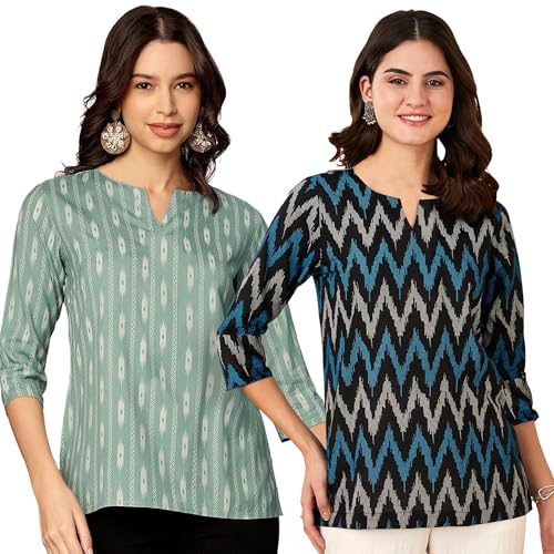 Image of Pinkmint Women's Printed Cotton Blend Short Kurti with 3 /4th Sleeve & Notch Neck l Casual & Office Wear Tunic Shirt Kurti