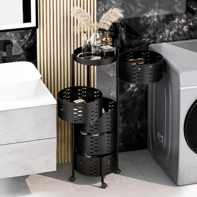 Kitchen Cart Fruit and Vegetable Storage Snack Cart Rotating Trolley Rotating Kitchen Storage Shelvesstorage Cart Fruit Basket Floor Stand Shelf Fruit Tower, 5 Tiers Black 5-Layers-8ZskNlZn