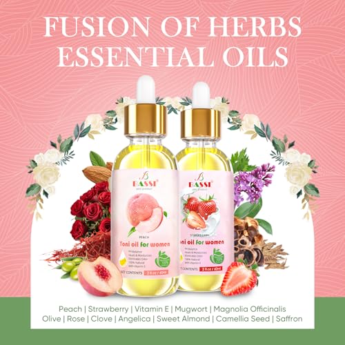 Image of Natural Yoni Oil for Women 4 Fl Oz (2 x 2 Fl Oz) - Peach Strawberry resh Feminine Care Oil - 2 PCS Vaginal Oil for Ingrown Hair with Vitamin E, Reduces Odor, Restores pH Balance and Wetness