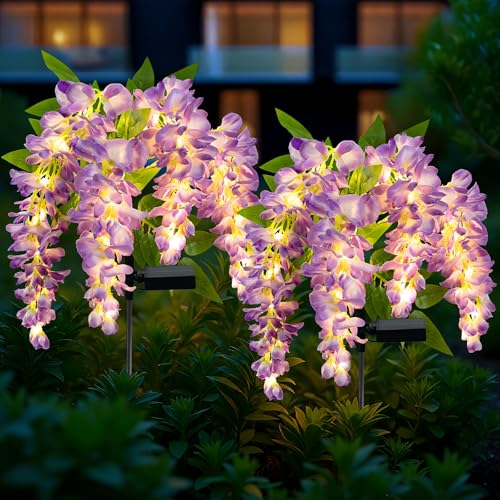 FWLWTWSS Solar Flower Lights Outdoor Garden Wisteria Garden Ornaments Outdoor 2 Packs Flower Solar Lights with 104 LEDs Waterproof for Yard Lawn Patio Porch Pathway Cemetery Decorations (Purple)