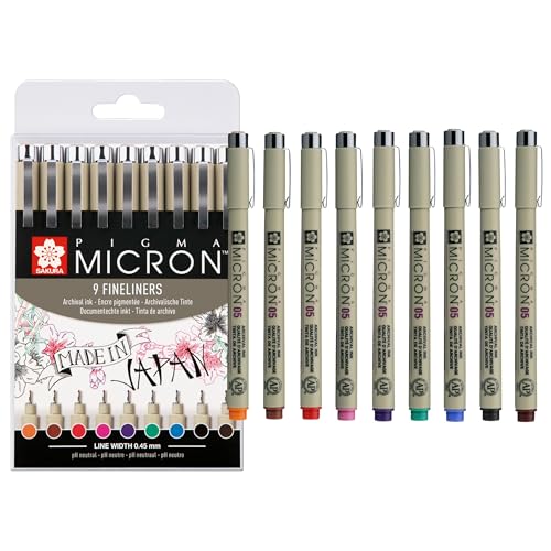 SAKURA Pigma Micron 05 Pointe Callibrée Set de 9 couleurs | Encre résistante à l'eau, taille 05 (0.45 mm) | Stylos pour l'écriture, le dessin et le journaling
