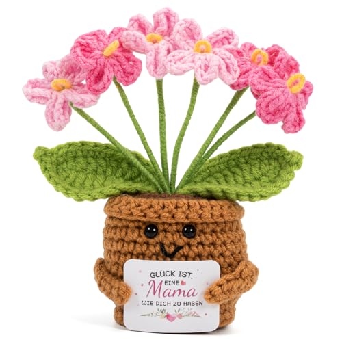 Vinuwu - Regalo de mamá - Flores de punto en maceta con tarjeta | Regalo hecho a mano para cumpleaños, Día de la Madre, Navidad y Año Nuevo