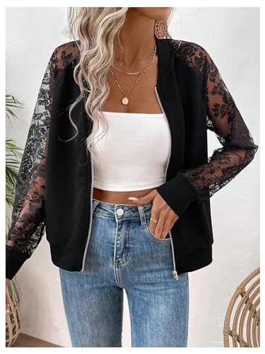 Verdusa Women Bomber Jacket Lightweight Contrast Lace Zip Up Tops Raglan Long Sleeve Fall Outerwear3