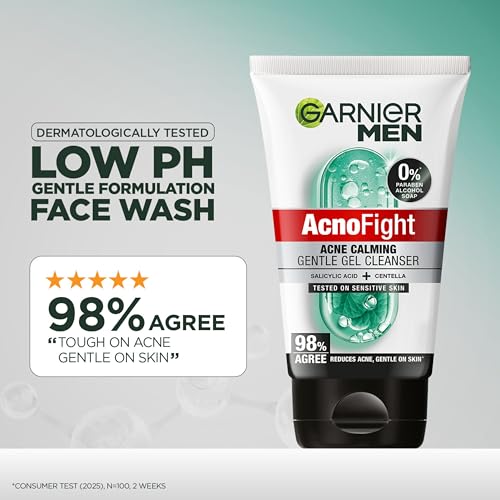 Image of Garnier Men Acno Fight Gentle Cleanser Facewash | For Acne-Prone, Sensitive Male Skin | 100g | Powered by Salicylic acid and Centella, this gentle facewash helps fight pimples on sensitive male skin without dryness.