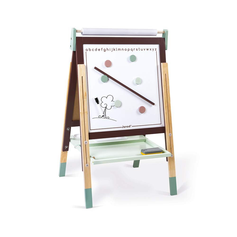 Tableau Chevalet Double Face Janod - Ardoise Blanche Magnétique Et Noire à Craie - 23 Accessoires - Réglable 91-126cm