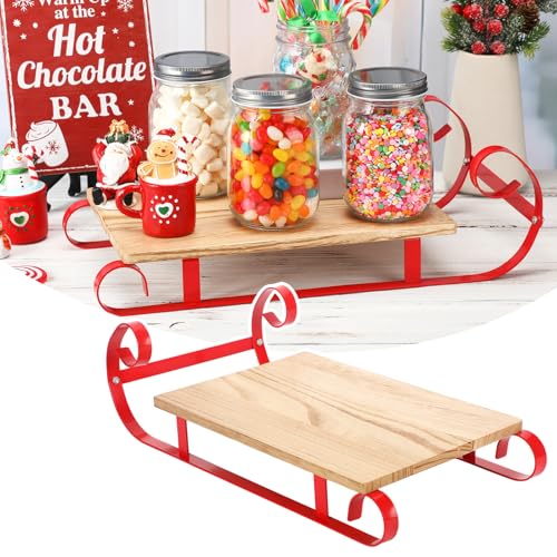 Sunnychicc Christmas Sleigh Hot Chocolate Bar Decor Red Christmas Hot Cocoa Wood Tray Holder Box Decorative Farmhouse Coffee Station Organizer for Xmas Home Office Kitchen Winter Gift Holiday Party