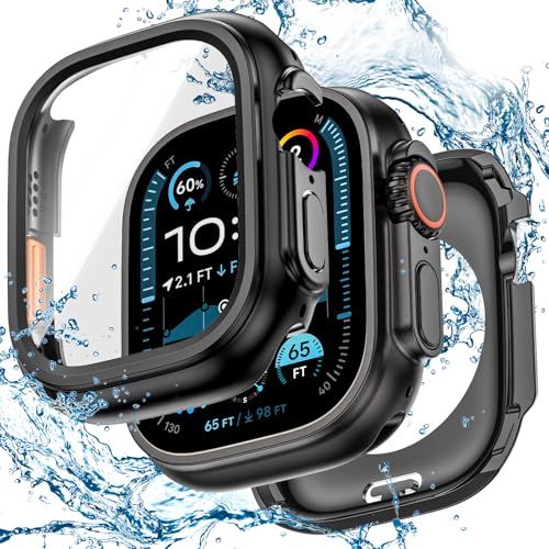 3 in 1 Goton Waterproof Hard Case for Apple Watch Screen Protector 49mm, 360° Slim Full Protective Tempered Glass Face Cover + Back Hard PC Bumper for iWatch Ultra 3/Ultra 2/Ultra, 49mm Matte Black