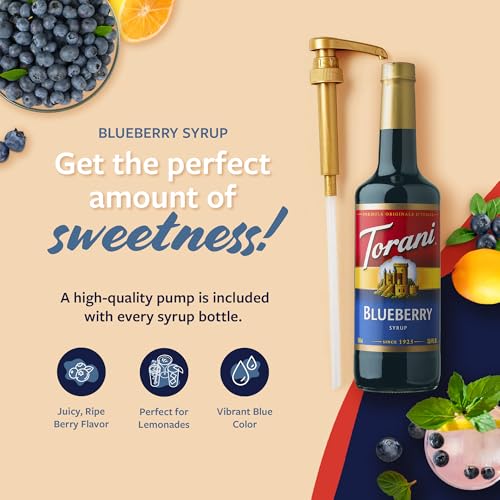 Image of Torani Blueberry Syrup for Drinks, Flavoring for Iced Tea, Lemonade, Sodas, and Cocktails, Glass Bottle with Pump Included, 25.4 Fl Oz
