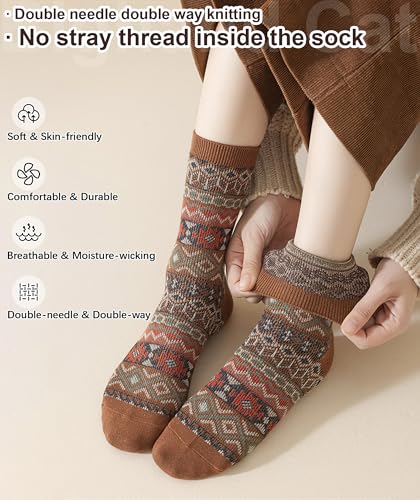 Image of IIG 3-5 Pairs Womens Vintage Cozy Crew Socks Soft Cute Neutral Cotton Socks Exquisite Patterns Socks Gift