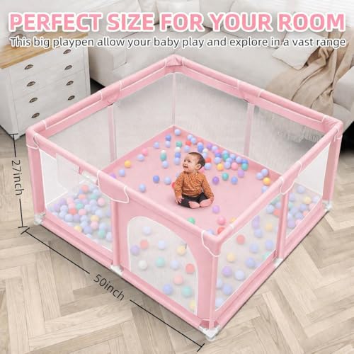 Image of ShivAnanta Baby Playpen for Home Indoor Kids Safety Play Fence with 30 Balls Mesh Play Area for 2+ Toddler Activity Zone Portable Baby Play Yard Anti Slip Child Play Space for Crawling Babies Secure Enclosure (Pink)